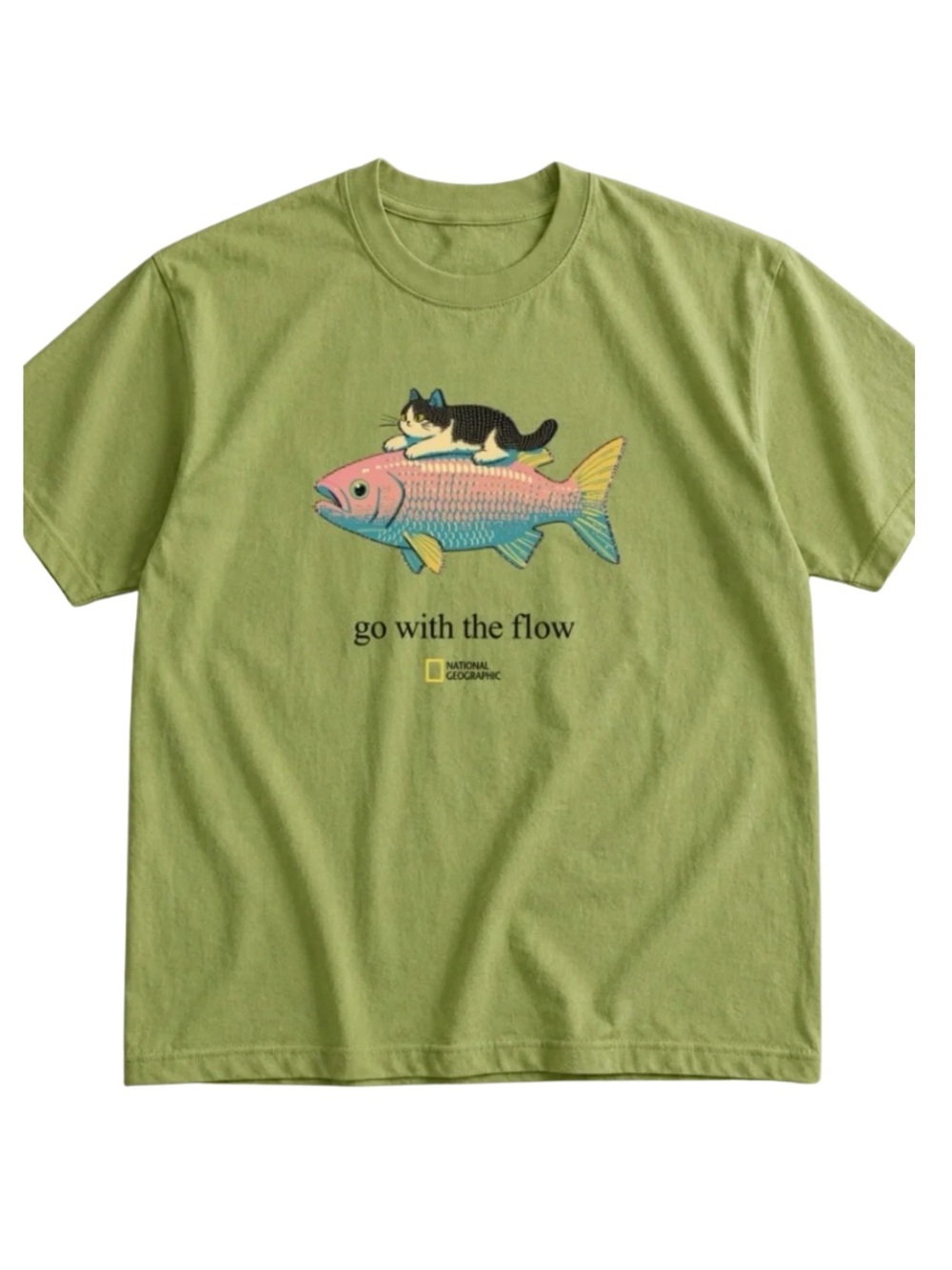 Kiwi Green Tee with Colorful Fish & Cat Graphic